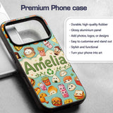 Cute Kawaii Fast Food Snacks Gingham Picnic Teal Custom Name Protective Phone Case Mobile Cover Durable Everyday Smartphone Shock Resistant
