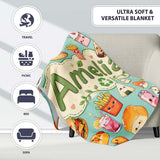 Cute Kawaii Fast Food Snacks Gingham Picnic Teal Background  Personalised Custom Name Super Soft Fleece Blanket Bed Sofa Throw