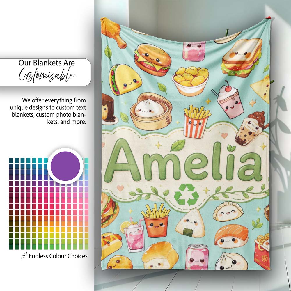 Cute Kawaii Fast Food Snacks Gingham Picnic Teal Background  Personalised Custom Name Super Soft Fleece Blanket Bed Sofa Throw