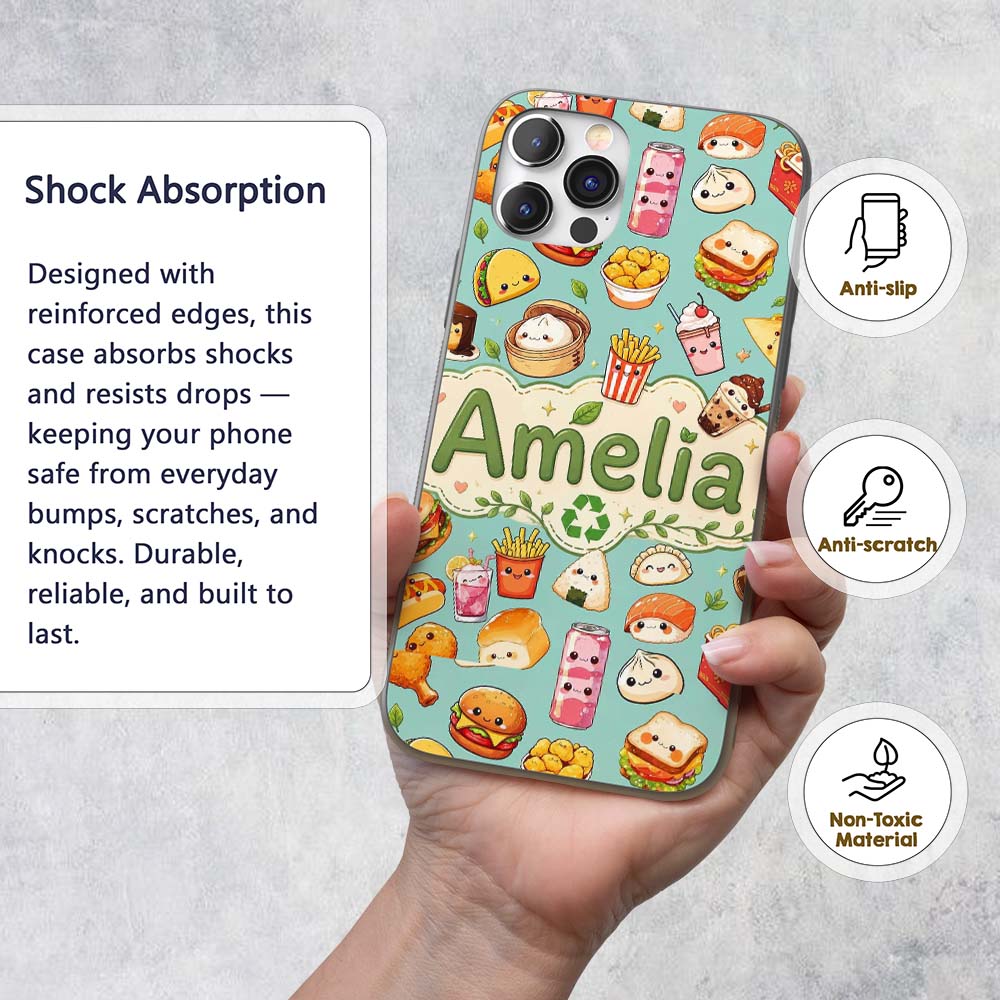 Cute Kawaii Fast Food Snacks Gingham Picnic Teal Custom Name Protective Phone Case Mobile Cover Durable Everyday Smartphone Shock Resistant