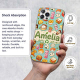 Cute Kawaii Fast Food Snacks Gingham Picnic Teal Custom Name Protective Phone Case Mobile Cover Durable Everyday Smartphone Shock Resistant