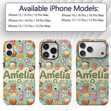 Cute Kawaii Fast Food Snacks Gingham Picnic Teal Custom Name Protective Phone Case Mobile Cover Durable Everyday Smartphone Shock Resistant