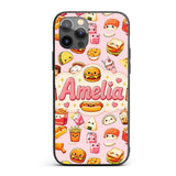 Kawaii Fast Food Snacks Gingham Picnic Soft Pink Custom Name Protective Phone Case Mobile Cover Durable Everyday Smartphone Shock Resistant
