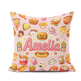 Custom Name Kawaii Fast Food Snacks Gingham Soft Pink Background Square Filled Cushion Throw Pillow Sofa Bed Home Decor Zip Washable UK Made