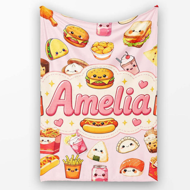 Kawaii Fast Food Snacks Gingham Picnic Soft Pink Background  Personalised Custom Name Super Soft Fleece Blanket Bed Sofa Throw