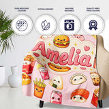 Kawaii Fast Food Snacks Gingham Picnic Soft Pink Background  Personalised Custom Name Super Soft Fleece Blanket Bed Sofa Throw