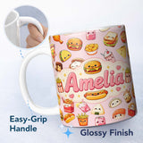 Personalized Custom Name Kawaii Fast Food Snacks Gingham Picnic Soft Pink Background 11oz Ceramic Coffee Tea Mug White Large Handle