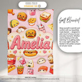 Kawaii Fast Food Snacks Gingham Picnic Soft Pink Background  Personalised Custom Name Super Soft Fleece Blanket Bed Sofa Throw