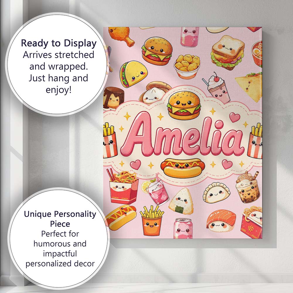 Personalised Name Kawaii Fast Food Snacks Custom  Unique Gift Idea Elegant Feature Canvas Wall Art Print Decor Picture Ready to Hang
