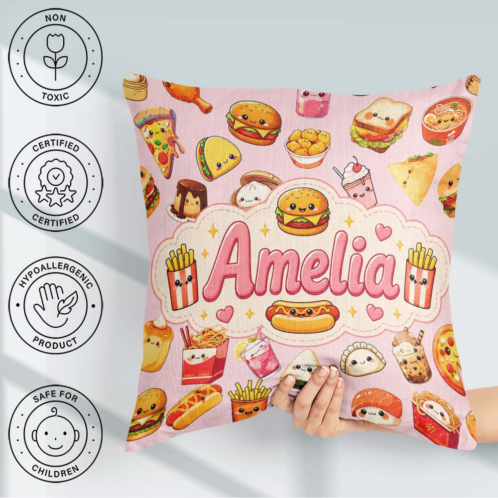 Custom Name Kawaii Fast Food Snacks Gingham Soft Pink Background Square Filled Cushion Throw Pillow Sofa Bed Home Decor Zip Washable UK Made