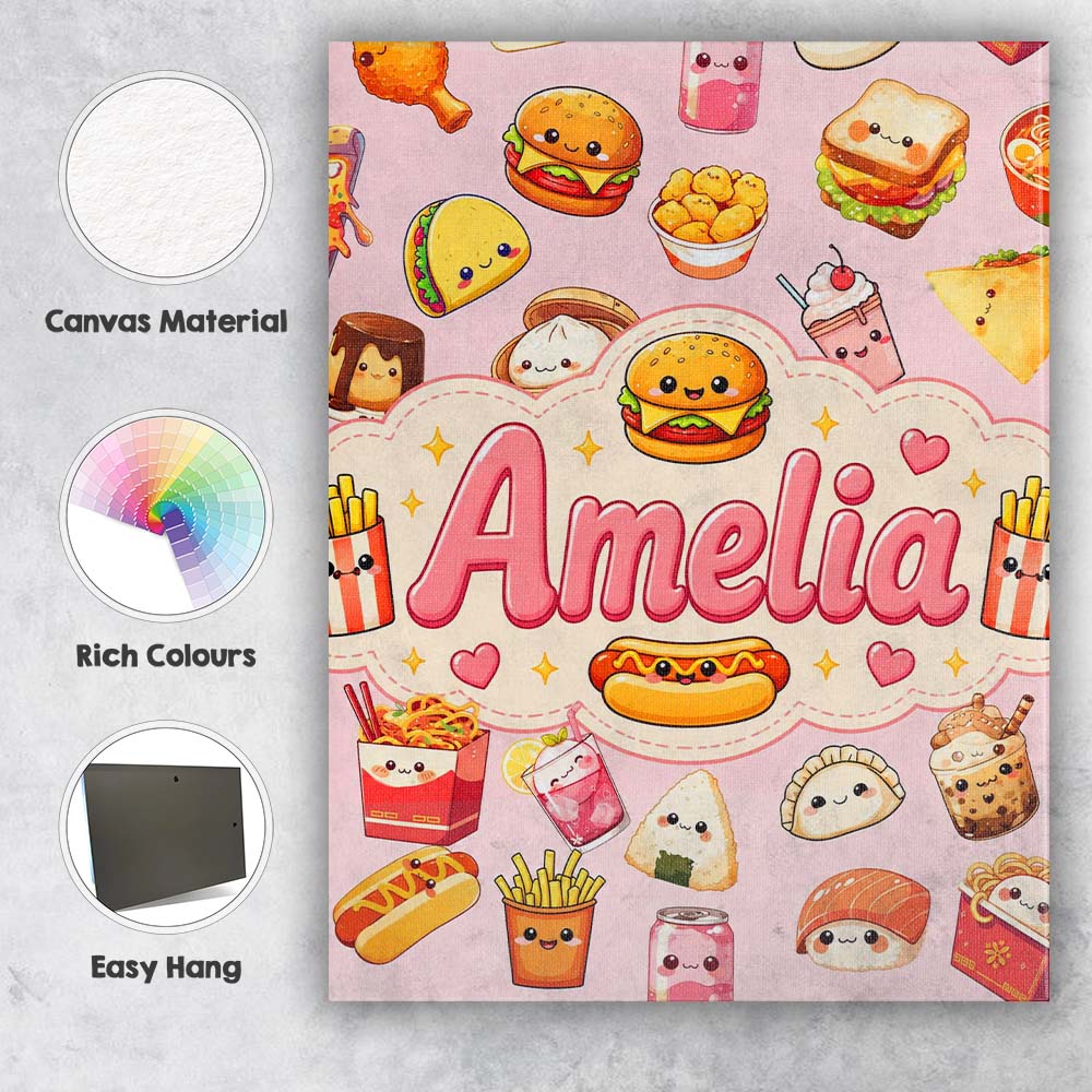 Personalised Name Kawaii Fast Food Snacks Custom  Unique Gift Idea Elegant Feature Canvas Wall Art Print Decor Picture Ready to Hang