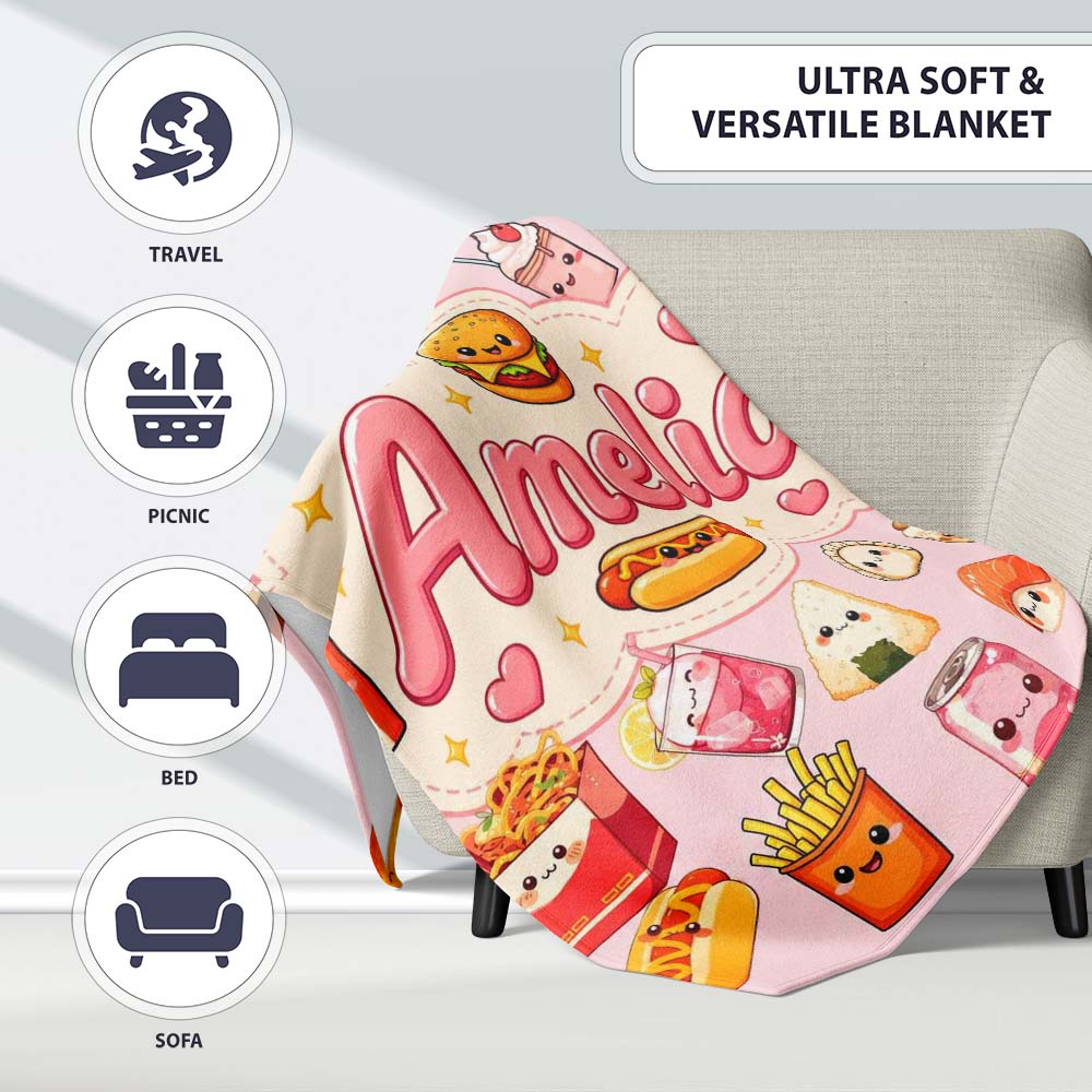 Kawaii Fast Food Snacks Gingham Picnic Soft Pink Background  Personalised Custom Name Super Soft Fleece Blanket Bed Sofa Throw