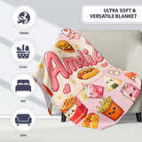 Kawaii Fast Food Snacks Gingham Picnic Soft Pink Background  Personalised Custom Name Super Soft Fleece Blanket Bed Sofa Throw