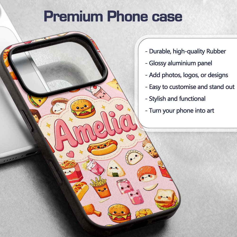 Kawaii Fast Food Snacks Gingham Picnic Soft Pink Custom Name Protective Phone Case Mobile Cover Durable Everyday Smartphone Shock Resistant