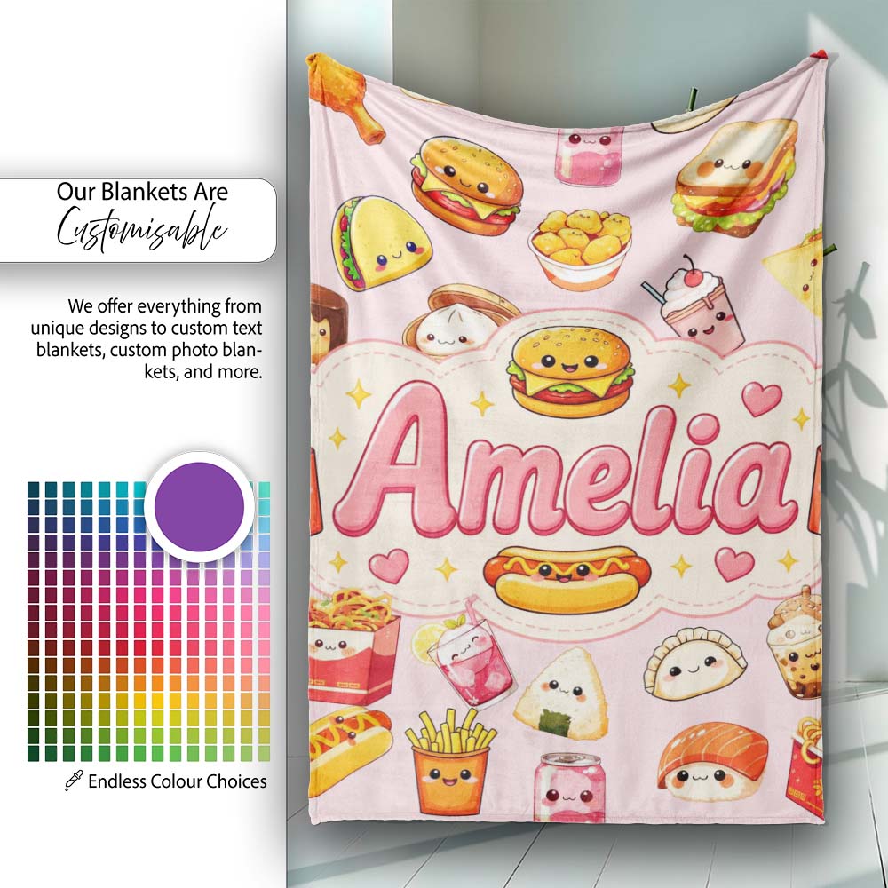 Kawaii Fast Food Snacks Gingham Picnic Soft Pink Background  Personalised Custom Name Super Soft Fleece Blanket Bed Sofa Throw