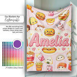 Kawaii Fast Food Snacks Gingham Picnic Soft Pink Background  Personalised Custom Name Super Soft Fleece Blanket Bed Sofa Throw