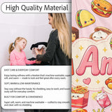 Kawaii Fast Food Snacks Gingham Picnic Soft Pink Background  Personalised Custom Name Super Soft Fleece Blanket Bed Sofa Throw