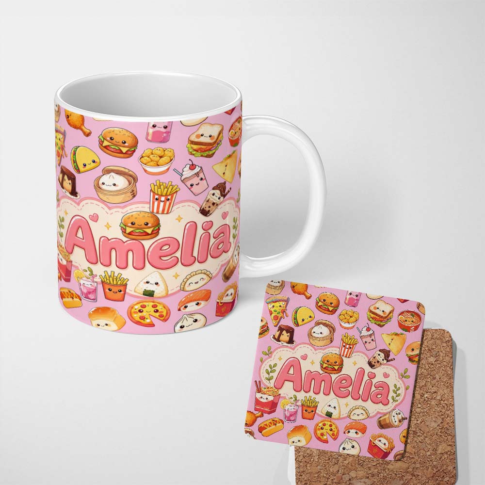 Personalized Custom Name Cute Kawaii Fast Food Snacks Soft Pink Background Seamless Pattern 11oz Ceramic Coffee Tea Mug White Large Handle