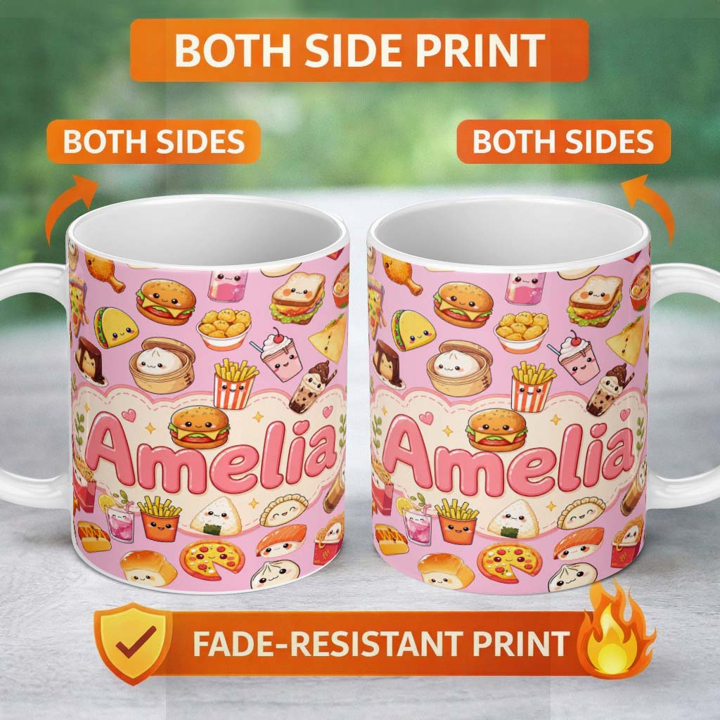 Personalized Custom Name Cute Kawaii Fast Food Snacks Soft Pink Background Seamless Pattern 11oz Ceramic Coffee Tea Mug White Large Handle