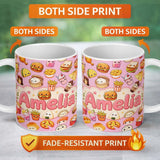 Personalized Custom Name Cute Kawaii Fast Food Snacks Soft Pink Background Seamless Pattern 11oz Ceramic Coffee Tea Mug White Large Handle