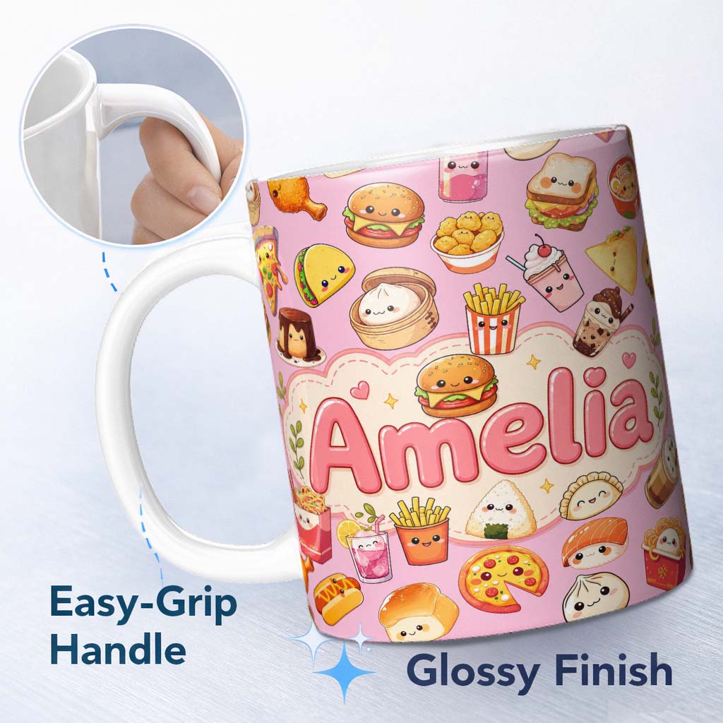 Personalized Custom Name Cute Kawaii Fast Food Snacks Soft Pink Background Seamless Pattern 11oz Ceramic Coffee Tea Mug White Large Handle