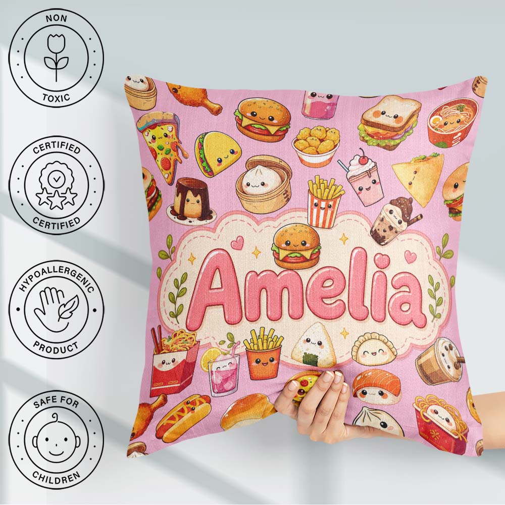Custom Name Kawaii Fast Food Snacks Soft Pink Background Pattern Square Filled Cushion Throw Pillow Sofa Bed Home Decor Zip Washable UK Made