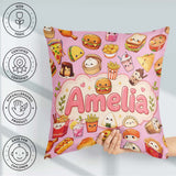 Custom Name Kawaii Fast Food Snacks Soft Pink Background Pattern Square Filled Cushion Throw Pillow Sofa Bed Home Decor Zip Washable UK Made