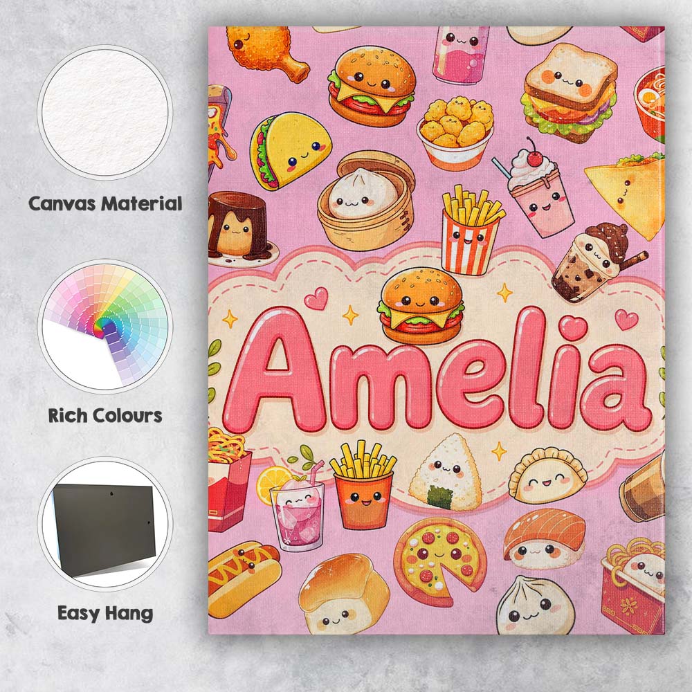 Personalised Name Cute Kawaii Fast Food Custom  Modern Room Accent Elegant Feature Canvas Wall Art Print Decor Picture Ready to Hang