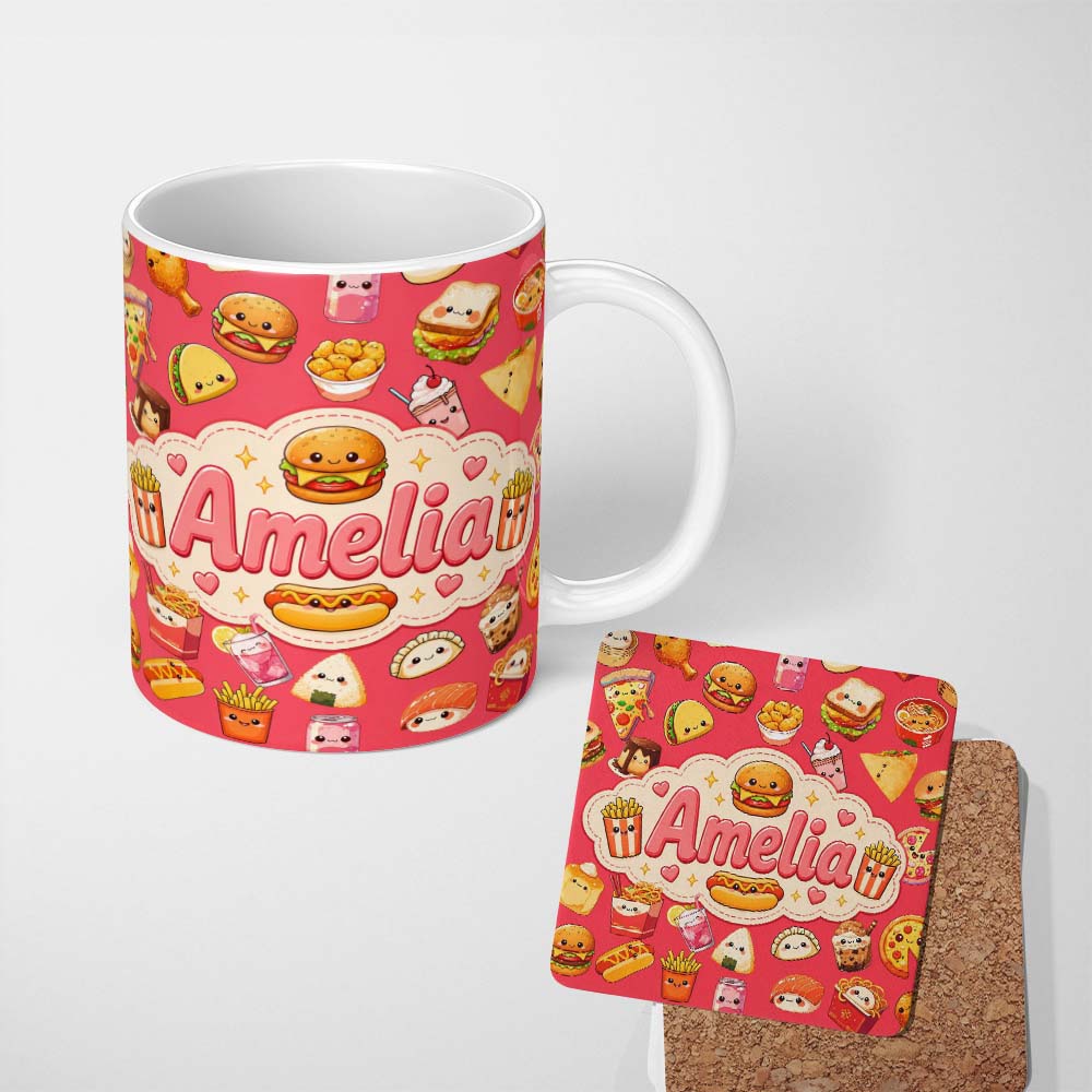 Personalized Custom Name Cute Kawaii Fast Food Snacks Bold Red Background Seamless Pattern 11oz Ceramic Coffee Tea Mug White Large Handle