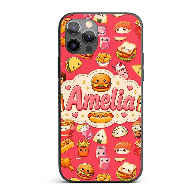 Cute Kawaii Fast Food Snacks Bold Red Background Custom Name Protective Phone Case Mobile Cover Durable Everyday Smartphone Shock Resistant