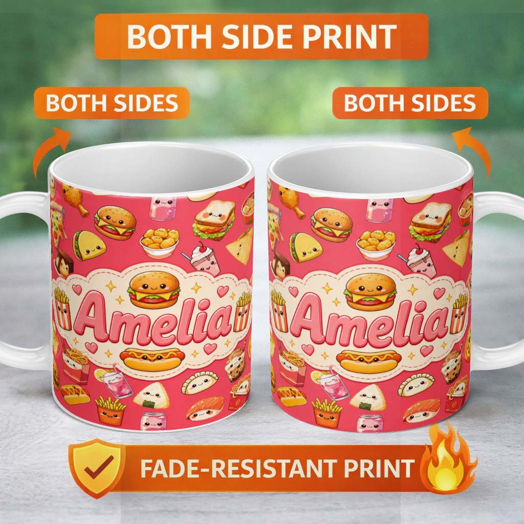 Personalized Custom Name Cute Kawaii Fast Food Snacks Bold Red Background Seamless Pattern 11oz Ceramic Coffee Tea Mug White Large Handle