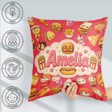 Custom Name Kawaii Fast Food Snacks Bold Red Background Seamless Square Filled Cushion Throw Pillow Sofa Bed Home Decor Zip Washable UK Made