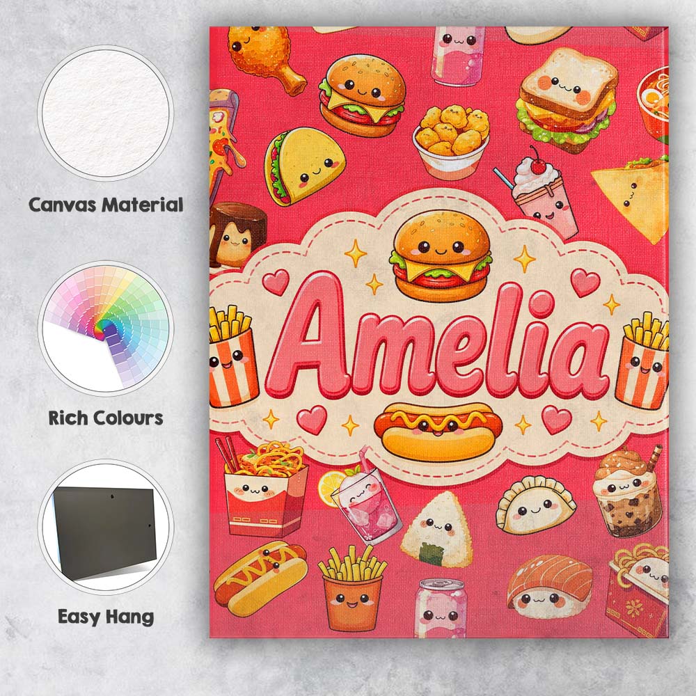 Personalised Name Cute Kawaii Fast Food Custom  Modern Room Accent Elegant Feature Canvas Wall Art Print Decor Picture Ready to Hang