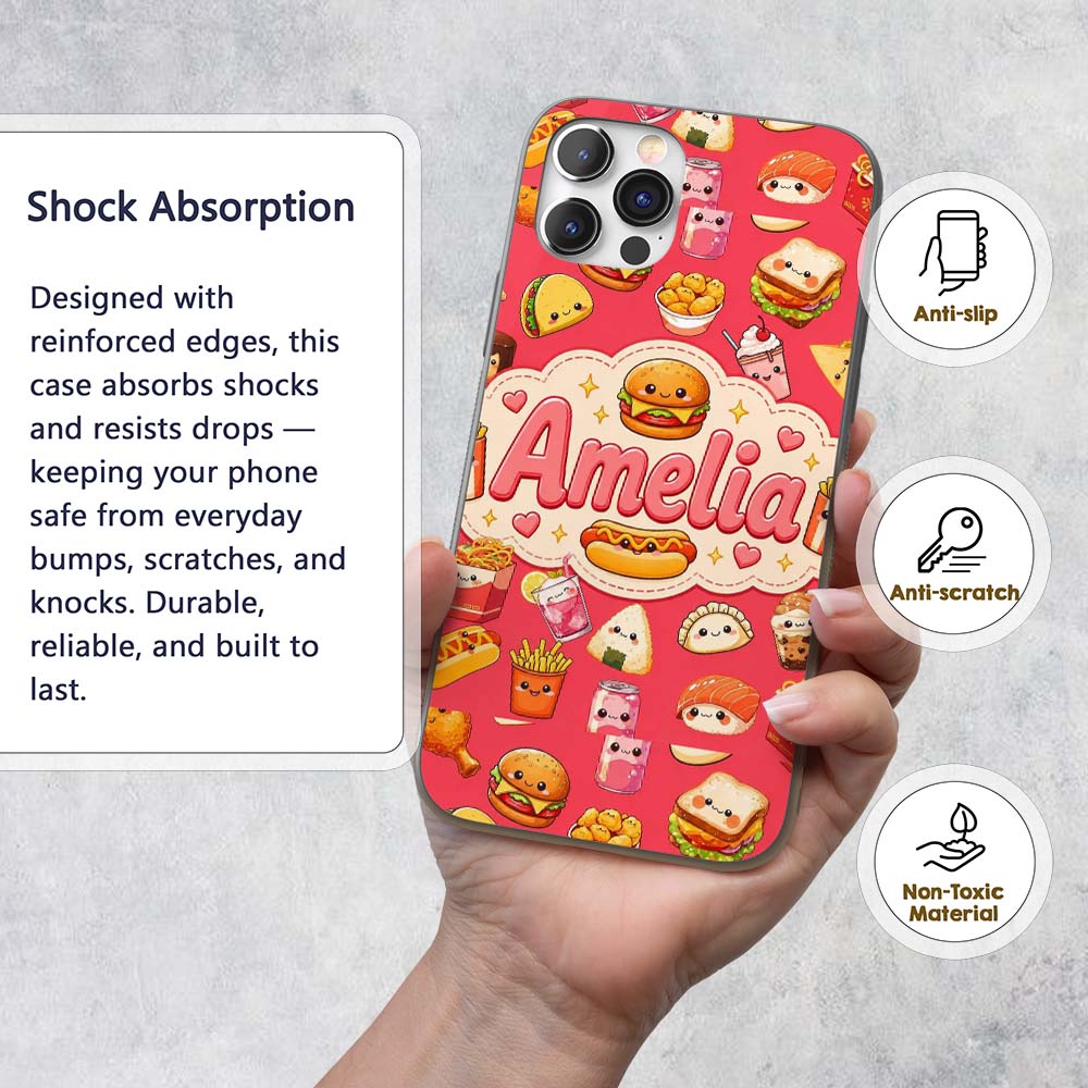 Cute Kawaii Fast Food Snacks Bold Red Background Custom Name Protective Phone Case Mobile Cover Durable Everyday Smartphone Shock Resistant