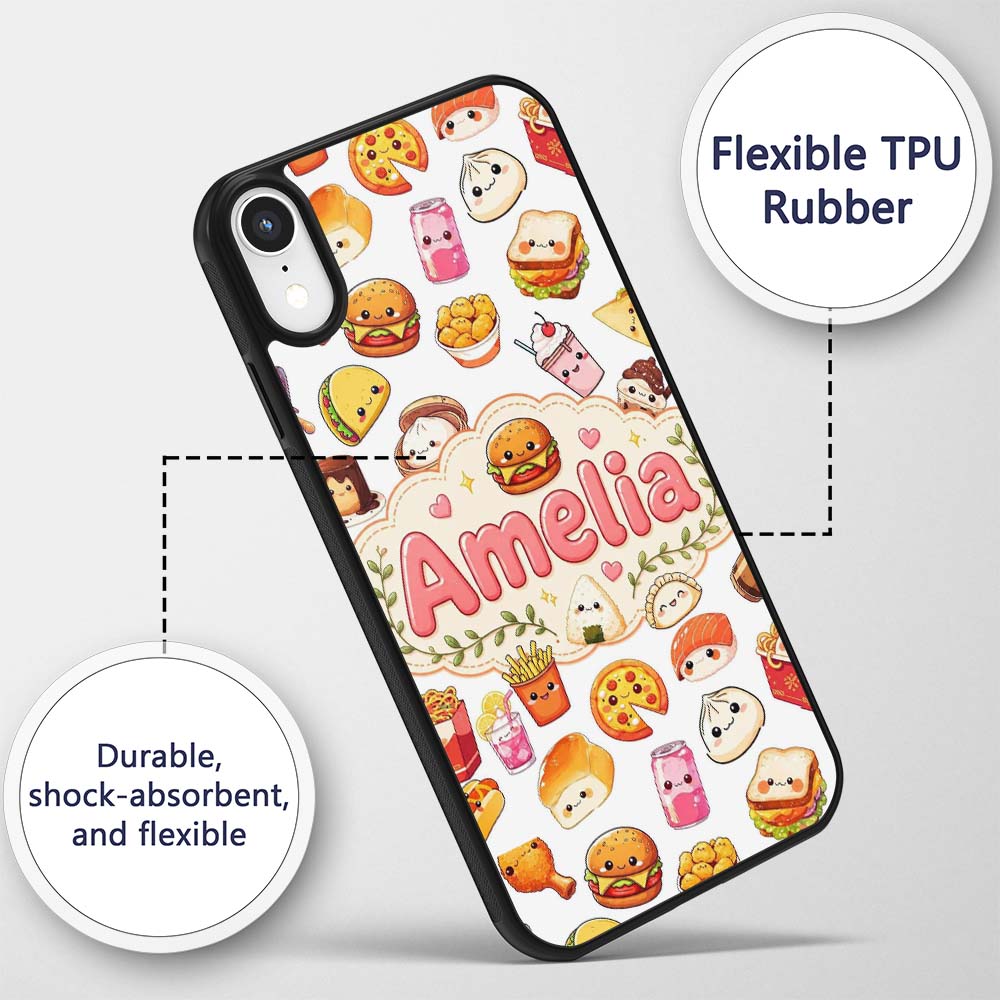 Cute Kawaii Fast Food Snacks Light Printed Design Custom Name Protective Phone Case Mobile Cover Durable Everyday Smartphone Shock Resistant