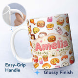 Personalized Custom Name Cute Kawaii Fast Food Snacks Light Grey Background Seamless Pattern 11oz Ceramic Coffee Tea Mug White Large Handle