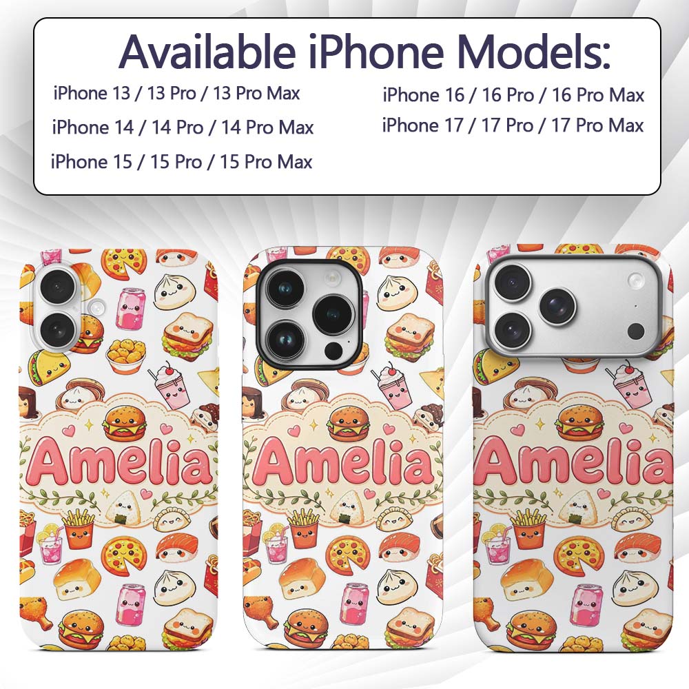 Cute Kawaii Fast Food Snacks Light Printed Design Custom Name Protective Phone Case Mobile Cover Durable Everyday Smartphone Shock Resistant