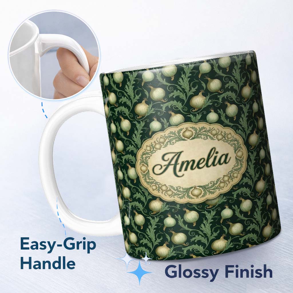 Personalized Custom Name Dark Green Ornate Onion Botanical Pattern Vintage Floral Style 11oz Ceramic Coffee Tea Mug White Large Handle