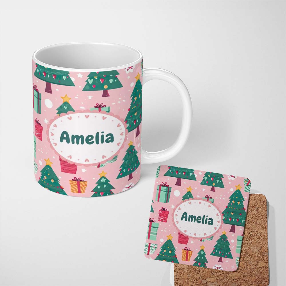 Personalized Custom Name Festive Green Christmas Tree Gifts Cute Holiday Seamless Pattern 11oz Ceramic Coffee Tea Mug White Large Handle