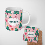 Personalized Custom Name Festive Green Christmas Tree Gifts Cute Holiday Seamless Pattern 11oz Ceramic Coffee Tea Mug White Large Handle
