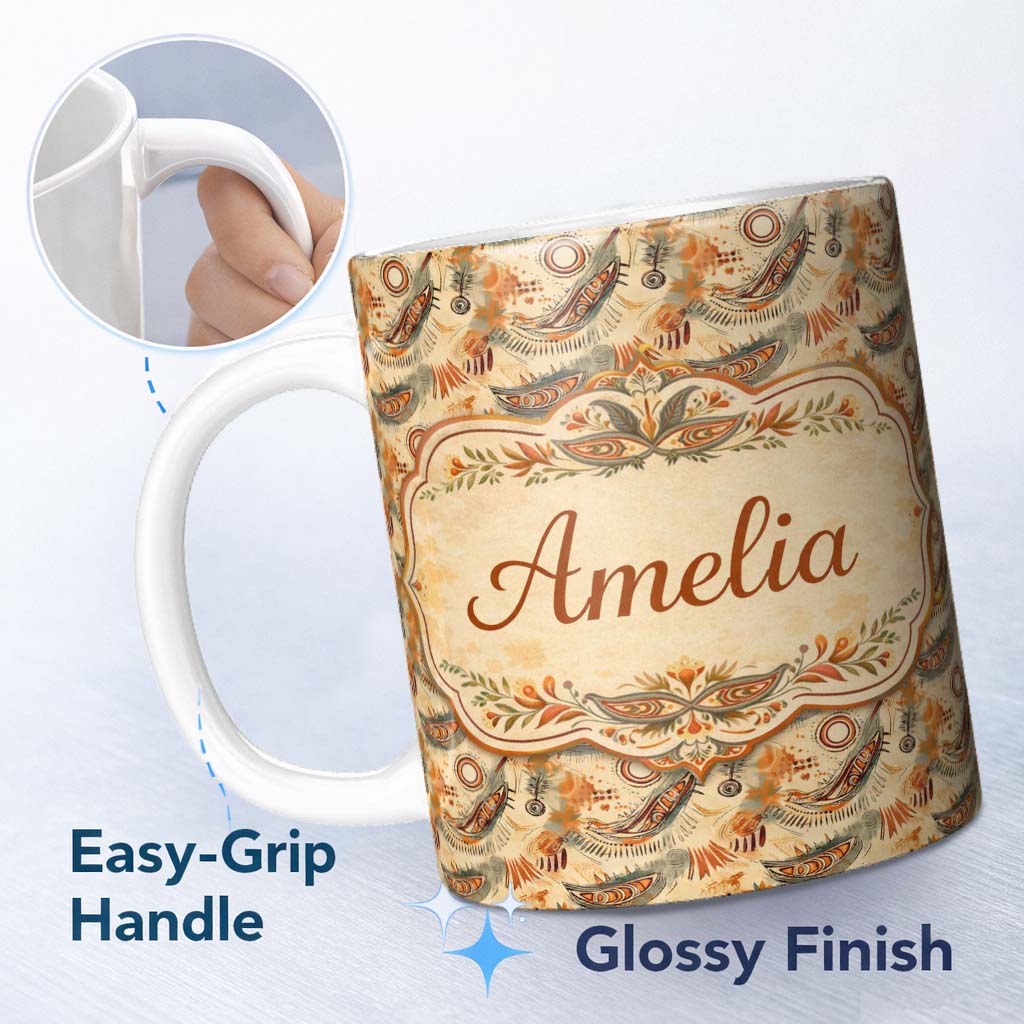 Personalized Custom Name Tribal Abstract with Organic Shapes Hand Drawn Elements in Rustic 11oz Ceramic Coffee Tea Mug White Large Handle