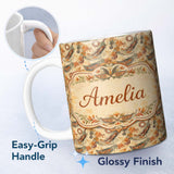 Personalized Custom Name Tribal Abstract with Organic Shapes Hand Drawn Elements in Rustic 11oz Ceramic Coffee Tea Mug White Large Handle