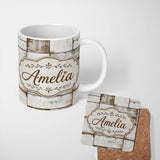 Personalized Custom Name Vintage Whitewashed Wooden Block Tile Texture Seamless Pattern 11oz Ceramic Coffee Tea Mug White Large Handle