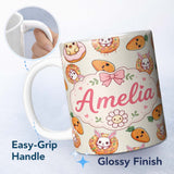 Personalized Custom Name Cute Easter Bunny Carrot Donut Hearts Seamless Pattern Cream Lovely 11oz Ceramic Coffee Tea Mug White Large Handle