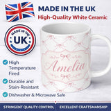 Personalized Custom Name Soft Pink Ribbon Bow Lattice Elegant Seamless Pattern Lovely 11oz Ceramic Coffee Tea Mug White Large Handle