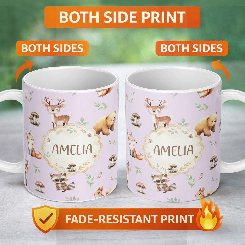 Personalized Custom Name Woodland Deer Bear Fox Owl Raccoon Leaves Mushrooms Lilac Seamless 11oz Ceramic Coffee Tea Mug White Large Handle