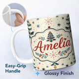 Personalized Custom Name Cute Christmas Tree Ornament Starburst Seamless Pattern Lovely 11oz Ceramic Coffee Tea Mug White Large Handle