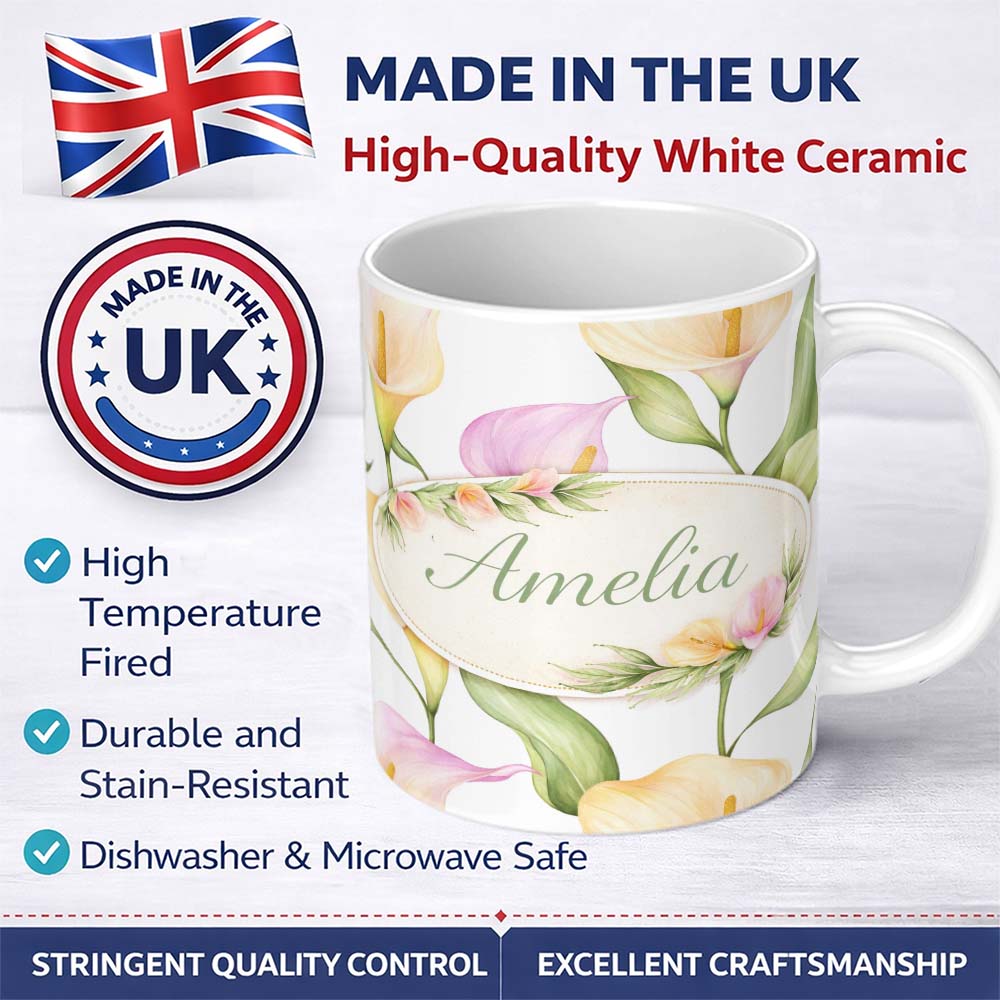 Personalized Custom Name Elegant Calla Lily Botanical Floral Seamless Pattern Lovely 11oz Ceramic Coffee Tea Mug White Large Handle