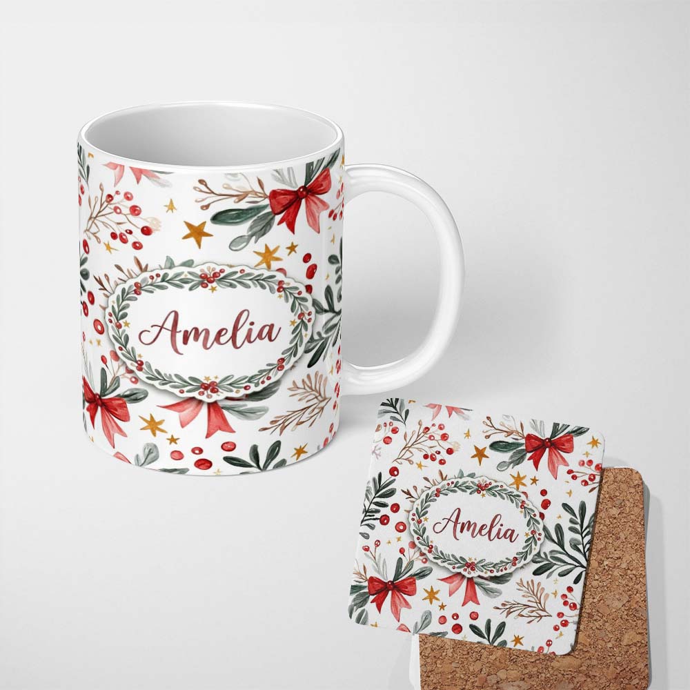 Personalized Custom Name Watercolor Christmas Bow Berry Branch Festive Seamless Pattern 11oz Ceramic Coffee Tea Mug White Large Handle