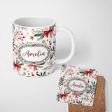 Personalized Custom Name Watercolor Christmas Bow Berry Branch Festive Seamless Pattern 11oz Ceramic Coffee Tea Mug White Large Handle